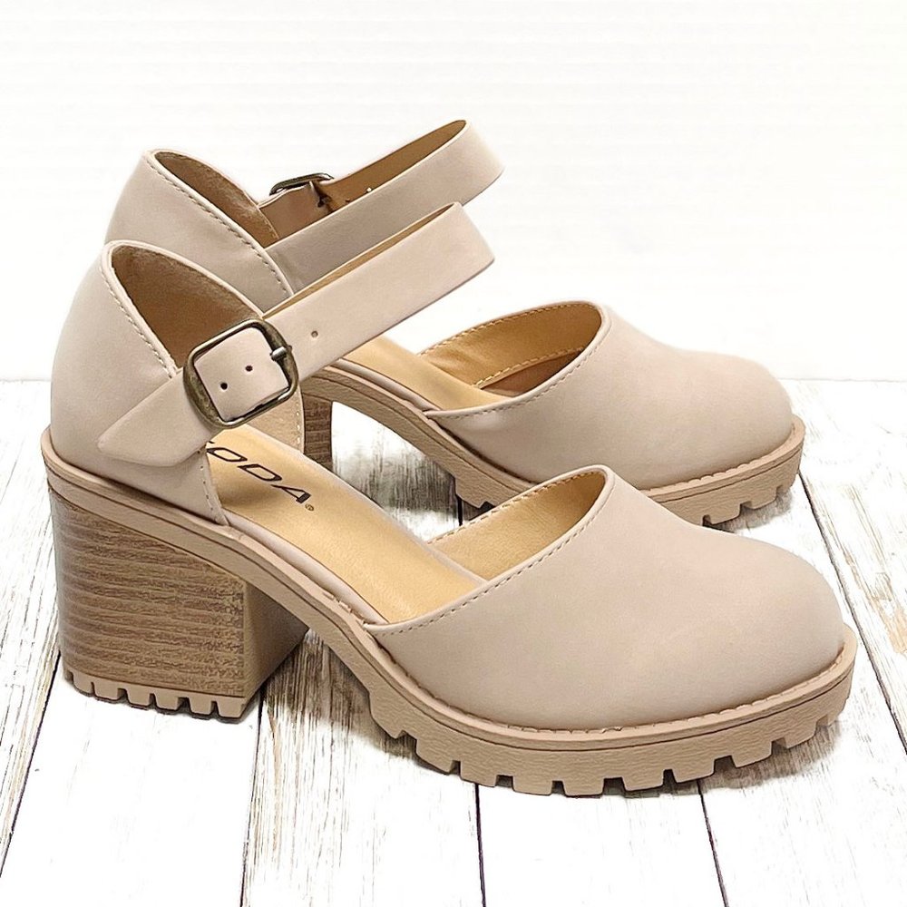 New Taupe Mary Jane Chunky Heel Flats